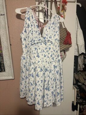 Blue Floral Tie-Front Mini Dress - White & Blue